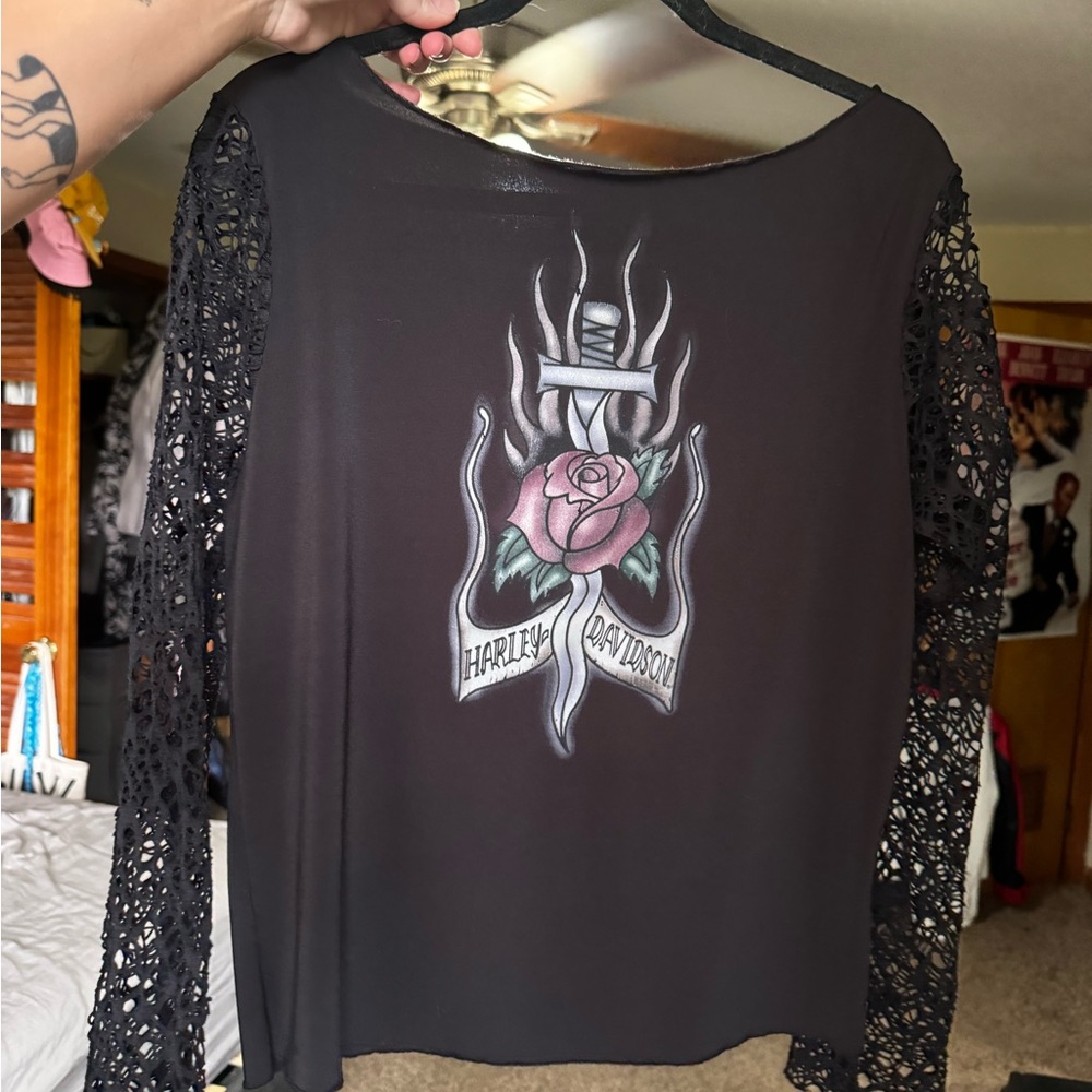 Harley-Davidson Black Lace Sleeve Top